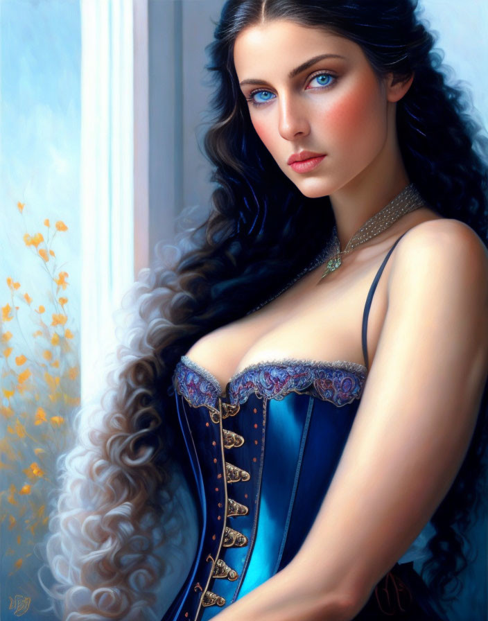 Digital painting of woman with long curly hair and blue dress by window with flowers.