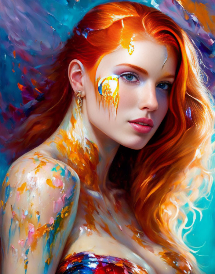 Colorful portrait of a person with red hair and paint smears for a dynamic look