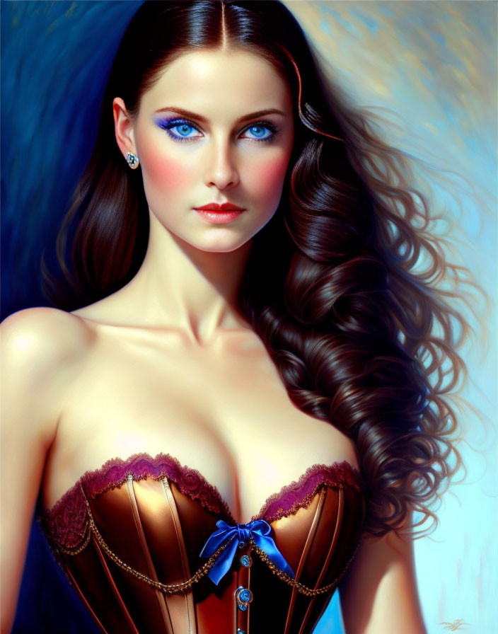 Digital portrait of woman with blue eyes, curly hair, corset top, and soft blue background