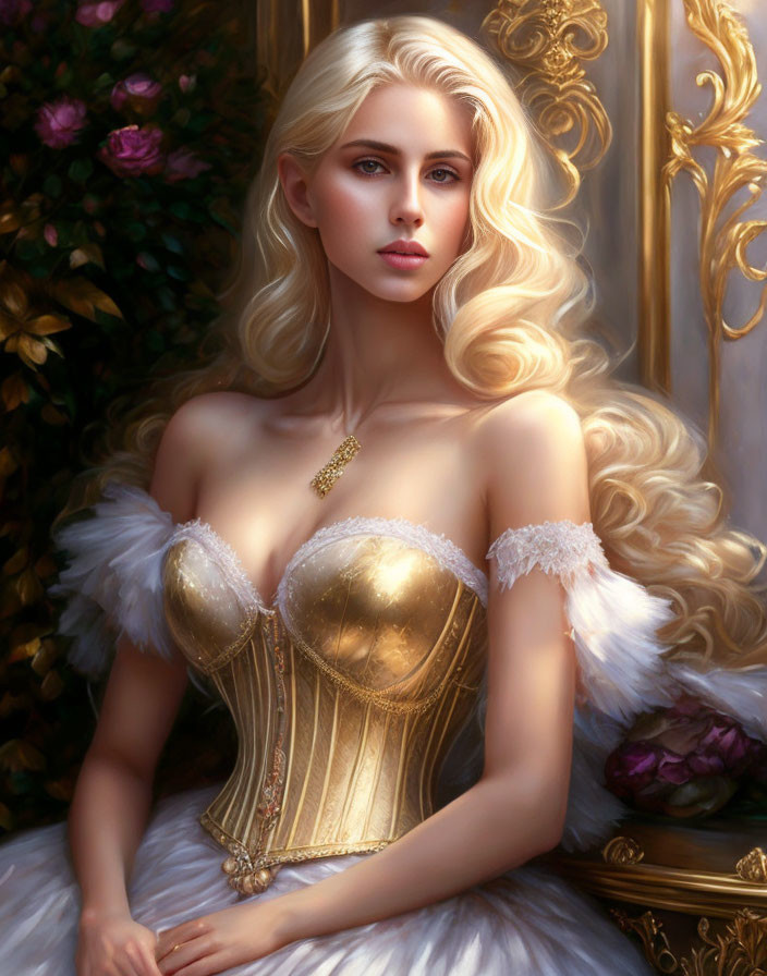 Blonde woman in golden corset with roses and mirror