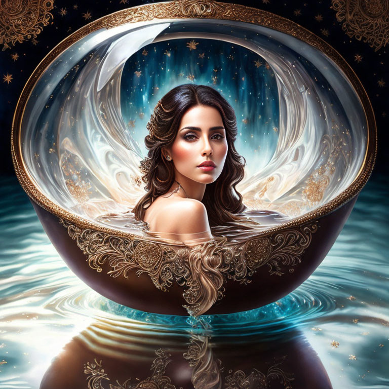 Long-haired woman in celestial sphere surrounded by stars and cosmic motifs