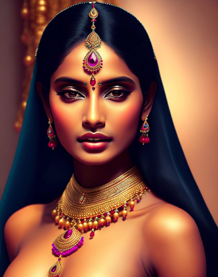 Woman with Dark Hair in Gold and Ruby Jewelry: Maang Tikka, Necklace, Earrings