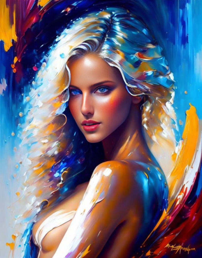 Colorful digital art: Woman with flowing hair on dynamic background