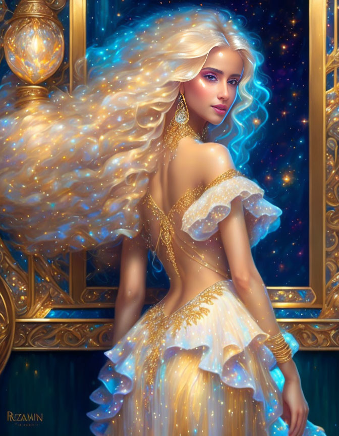 Golden-haired woman in off-shoulder dress under starry sky