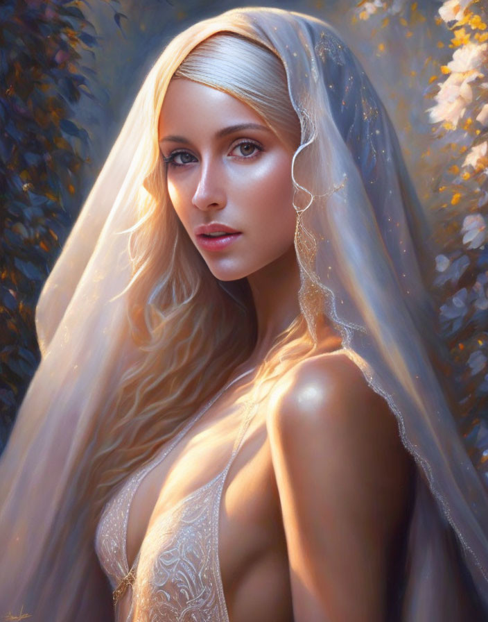 Blonde woman under translucent veil with warm backlight