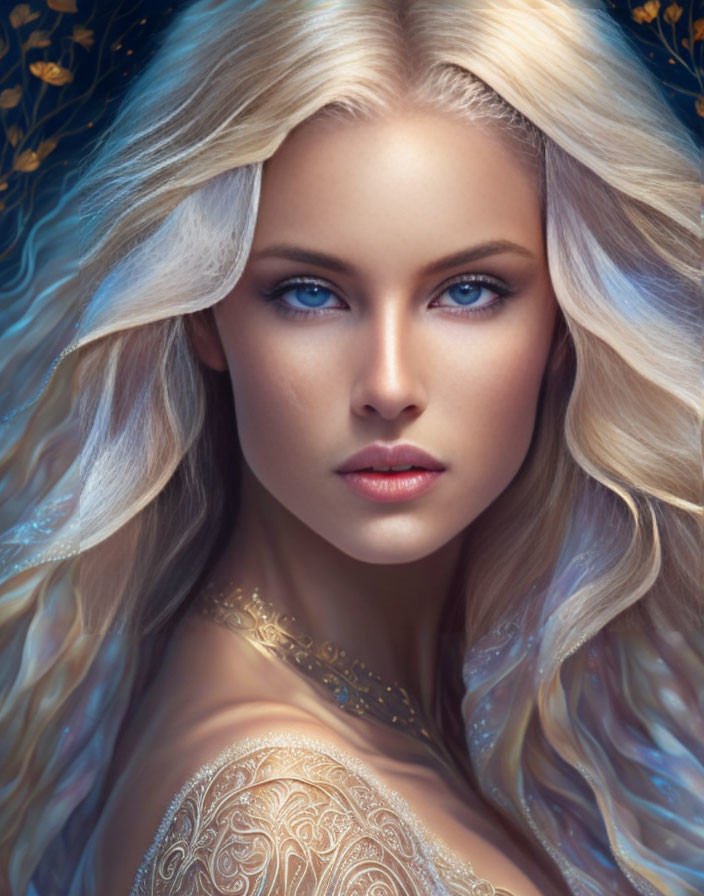 Portrait of Woman with Striking Blue Eyes and Golden Patterns