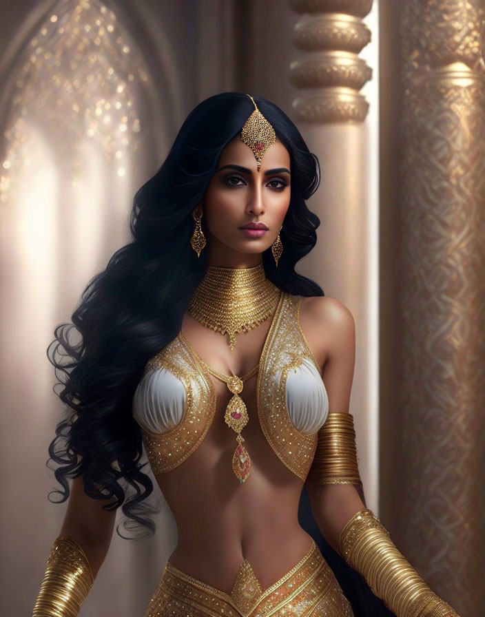 Woman in ornate gold jewelry and attire with dark hair against elegant backdrop