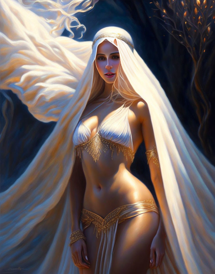 Golden-haired woman in white headpiece and ornate lingerie in mystical forest