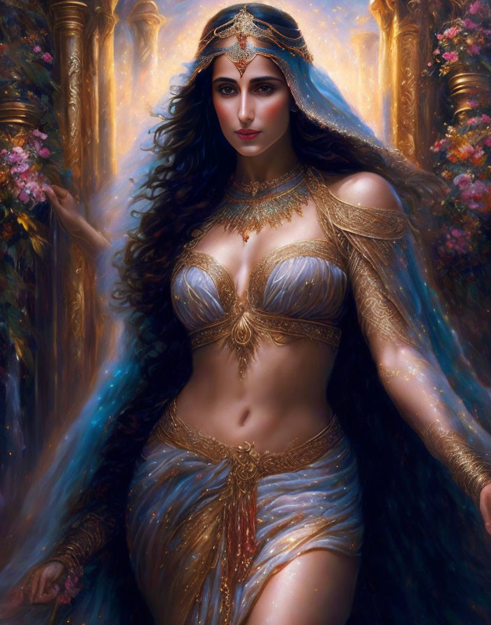 Woman with Dark Hair in Elaborate Costume and Jewelry in Mystical Setting