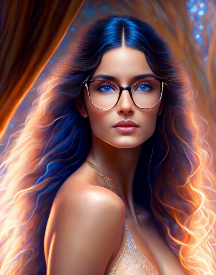 Digital artwork: Woman with blue eyes, colorful hair, glasses, and shoulder tattoo