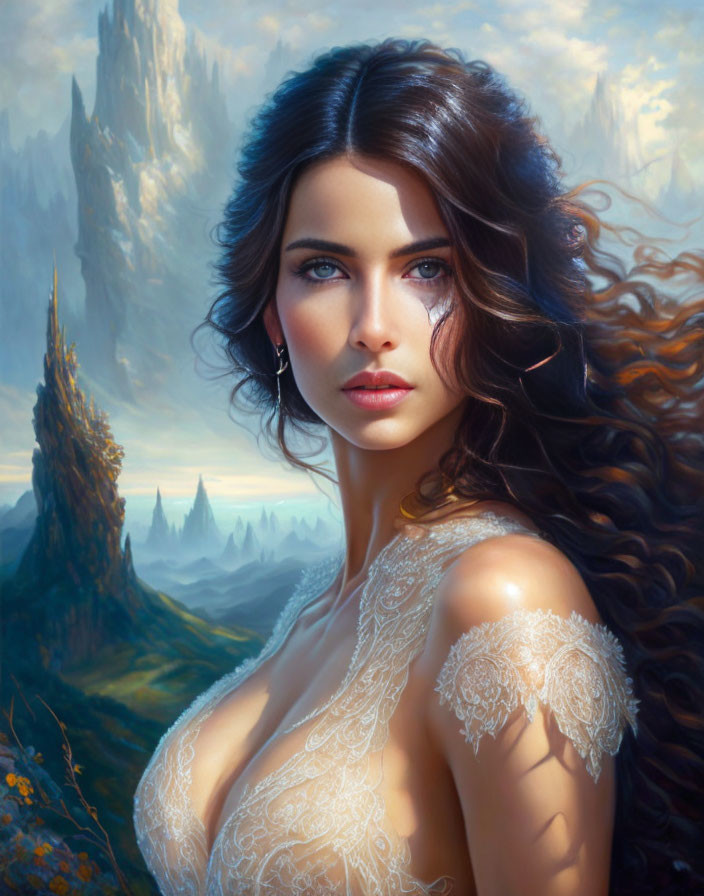 Fantasy artwork: Woman with blue eyes in lace dress, mystical landscape