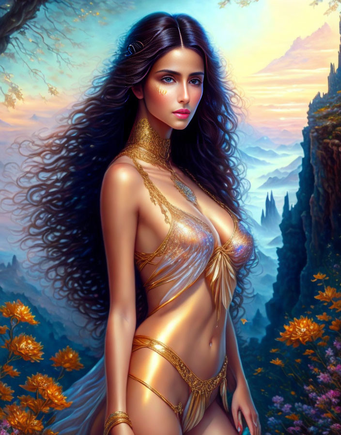 Fantasy image: Woman in golden attire with flowing hair in mystical mountainous backdrop