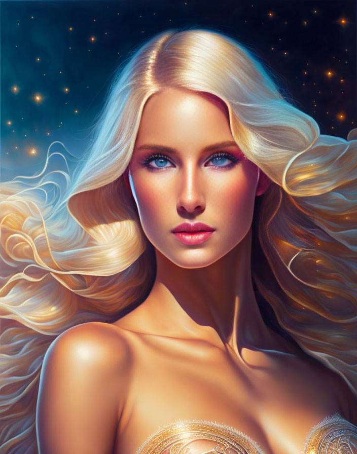 Digital Artwork: Woman with Golden Hair and Starry Background