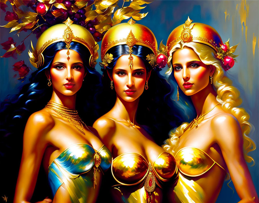Stylized women with golden headpieces in floral backdrop