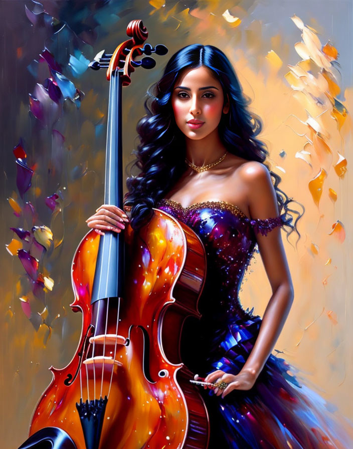 Dark-haired woman in colorful dress playing cello against warm abstract backdrop