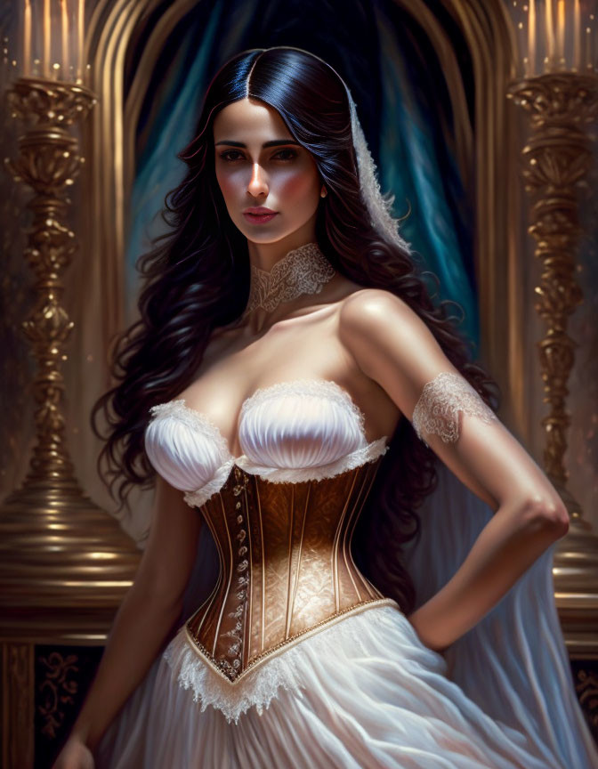 Elegant woman in corset and gown in ornate room