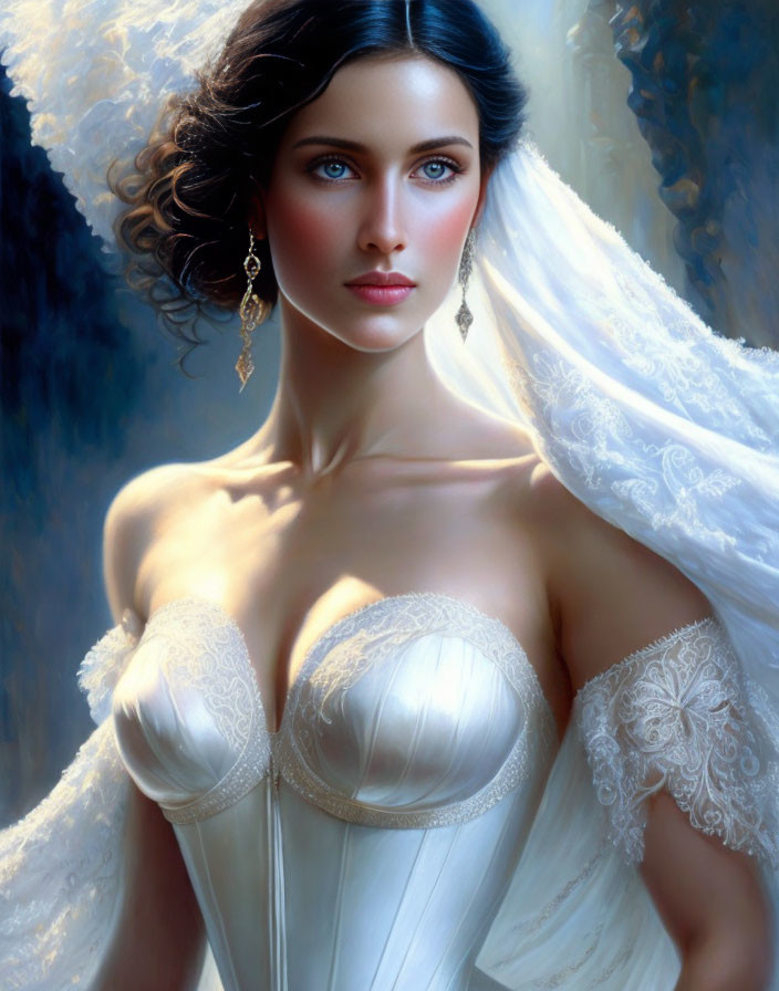 Bride painting with dark hair, blue eyes, lace veil & strapless gown