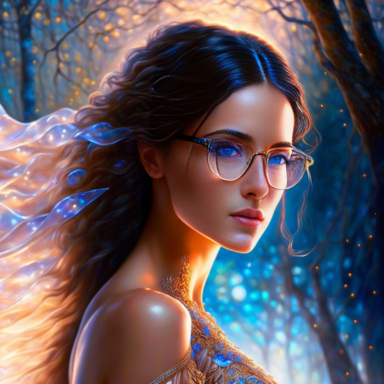 Digital art portrait of woman with flowing hair and blue-tinted spectacles against mystical forest backdrop with