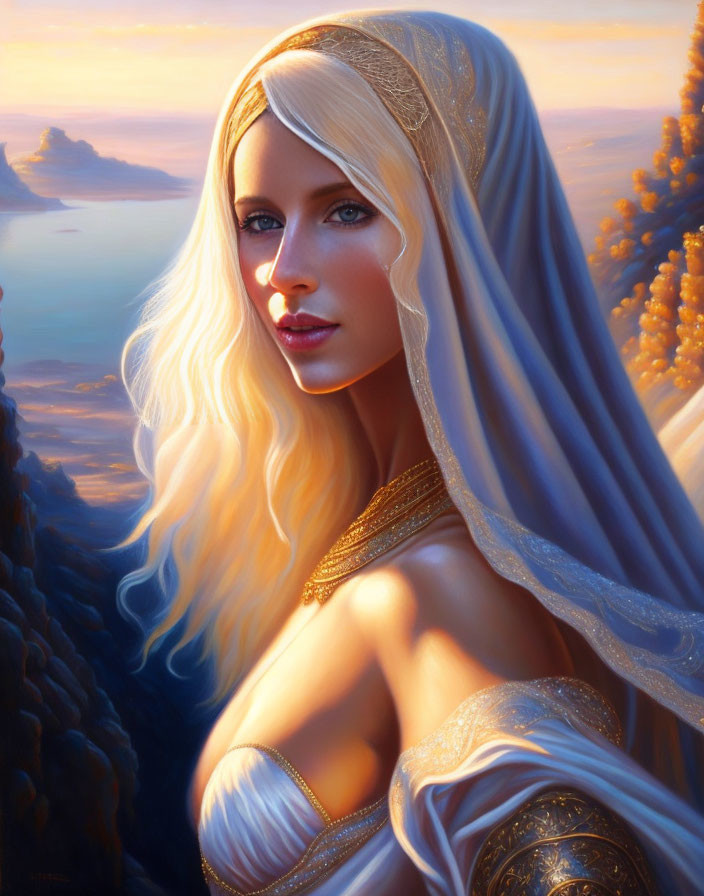 Fantasy female character with long blonde hair in gold-chain headdress.