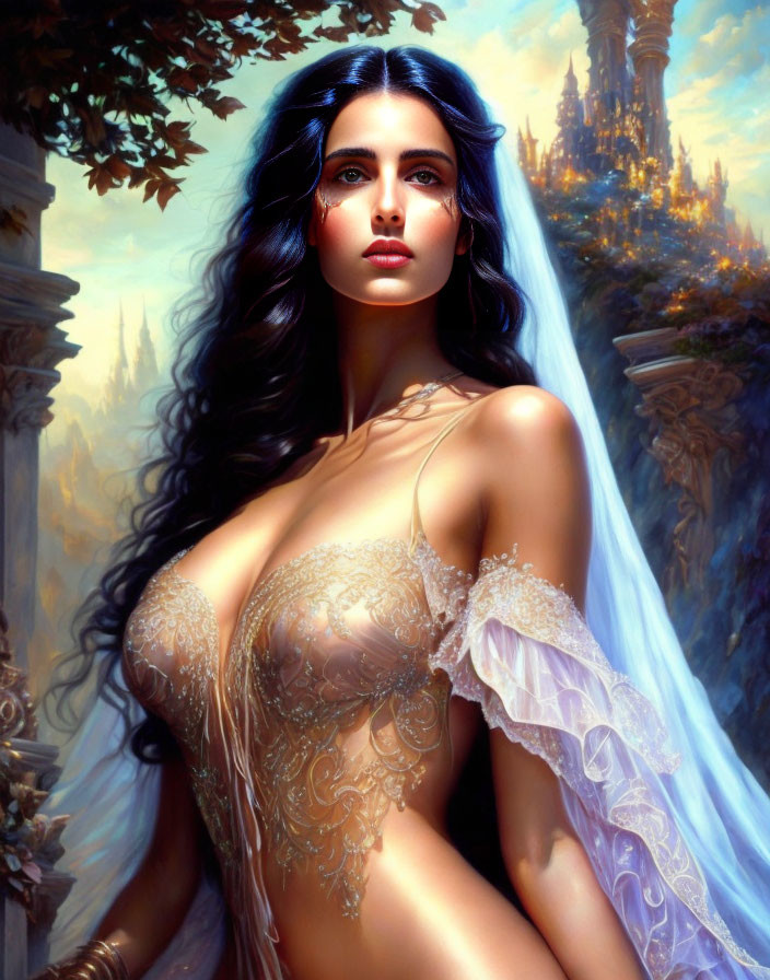 Fantasy image: Woman with blue hair in ornate attire at golden-lit castle