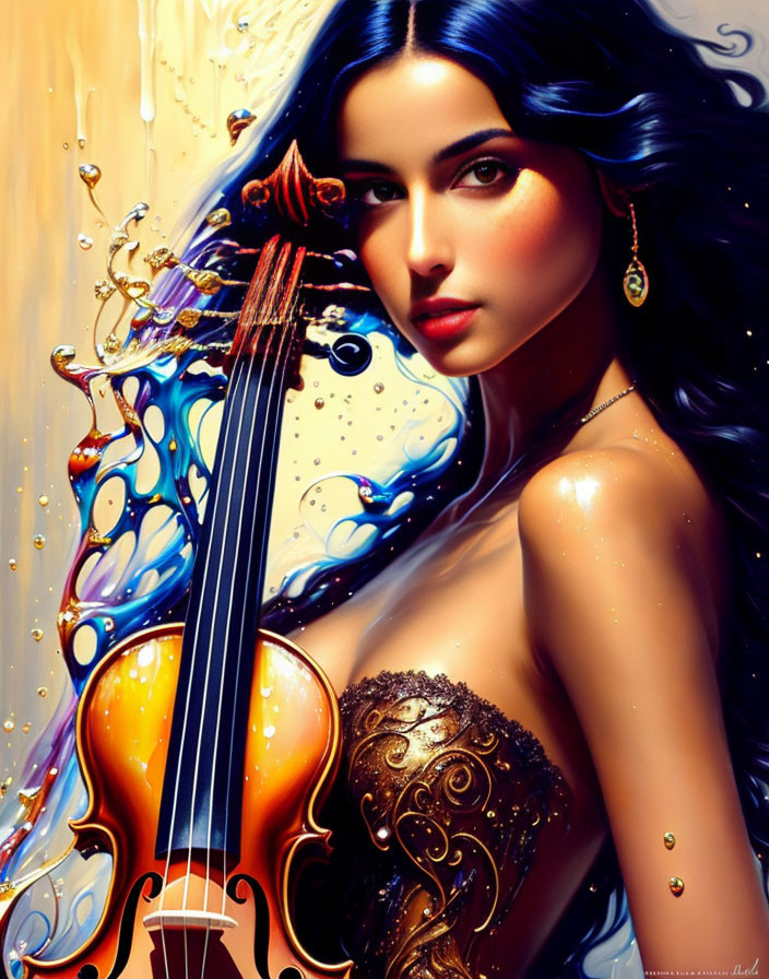 Woman with Blue Eyes Holding Violin Amid Water and Paint Splashes