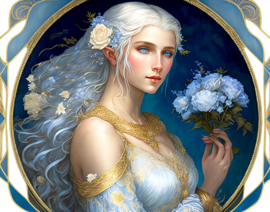 Ethereal figure with white hair holding bouquet in ornate frame