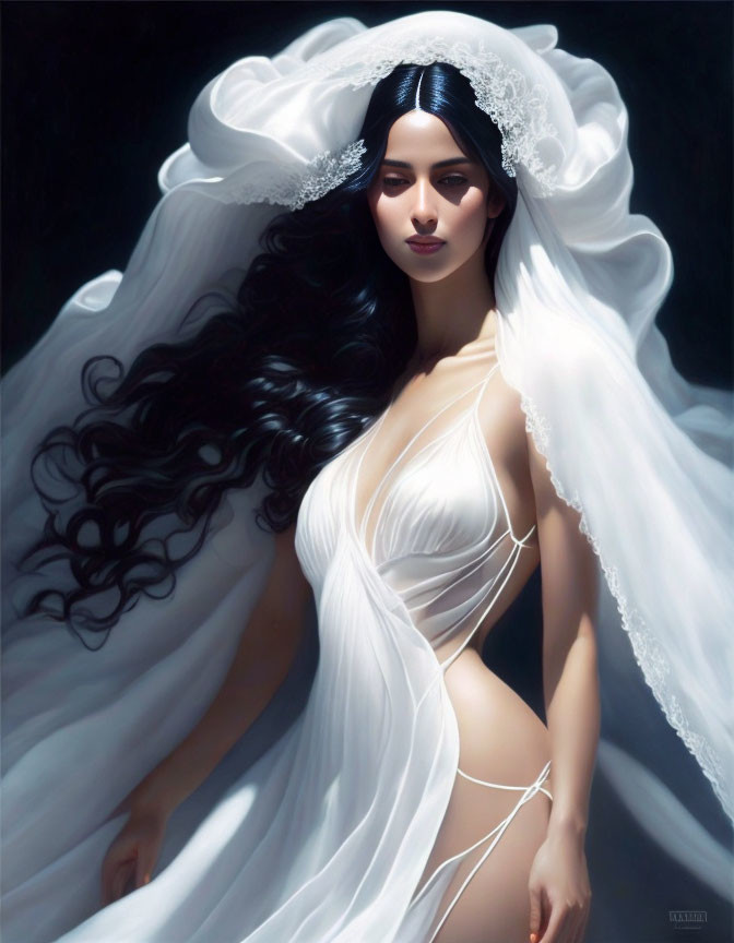 Portrait of woman in white bridal dress with long black hair