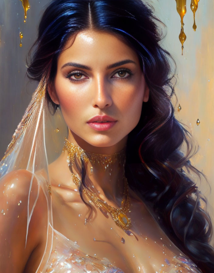 Digital Art: Woman with Dark Hair and Golden Jewelry in Honey-Like Drips