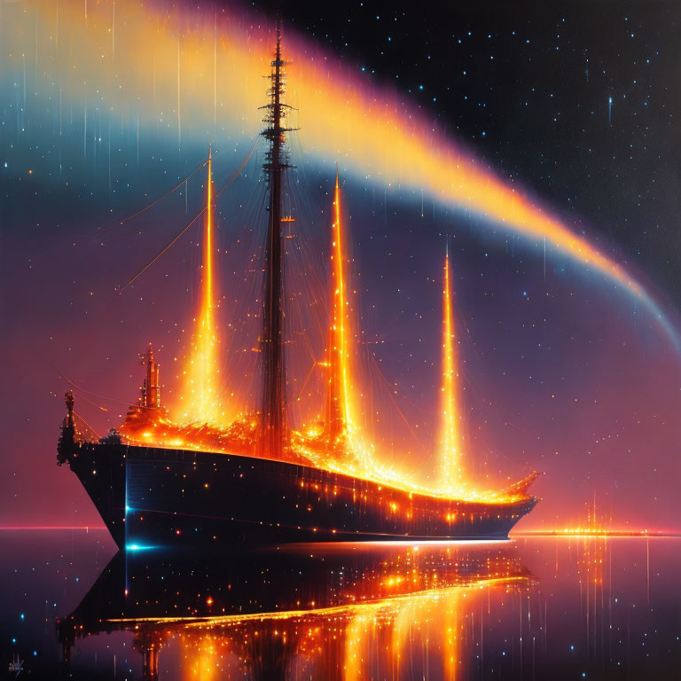 Glowing ship with twinkling lights on calm water under starry sky