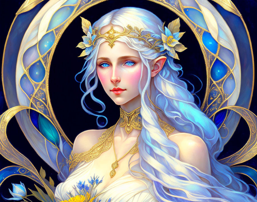 Fantasy illustration of pale woman with white hair, golden tiara, and moon backdrop