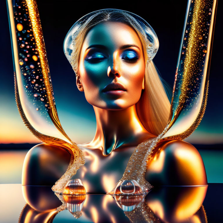 Futuristic portrait of woman with gold liquid elements against sunset.