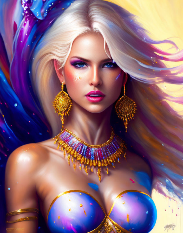 Detailed illustration of woman with white hair, blue eyes, gold jewelry, colorful background