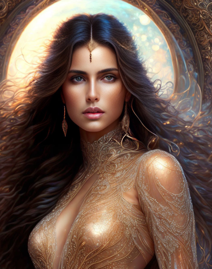 Portrait of woman with long wavy hair and intense eyes in ornate gold jewelry against mystical glowing background