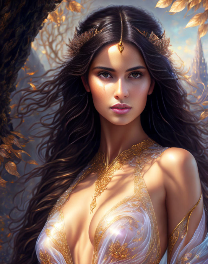 Digital artwork: Woman with long wavy hair, gold crown, translucent gown in autumnal setting