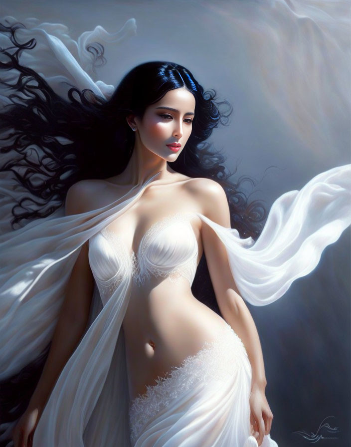 Woman in white fabric digital painting with billowing hair