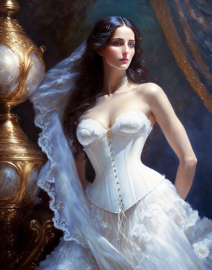 Woman in white wedding corset dress with flowing fabric near golden ornament, dark hair & headpiece