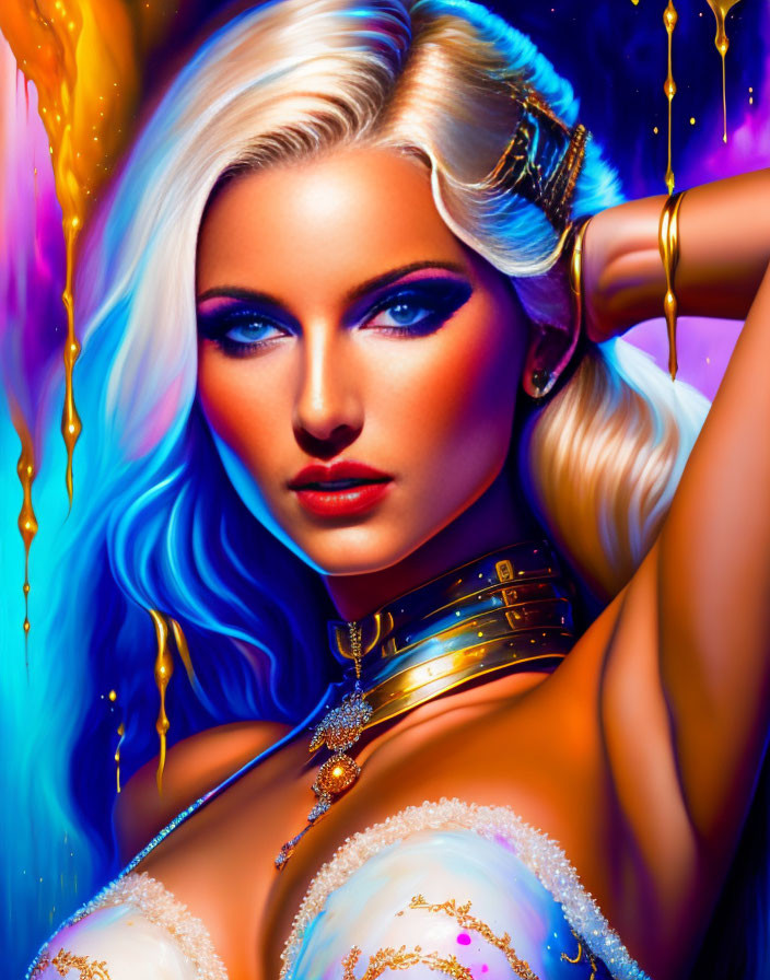 Vibrant illustration: woman with blue eyes, golden accessories, flowing blue hair