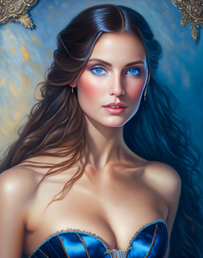 Portrait of woman with blue eyes and brunette hair in blue corset against blue & gold patterned backdrop