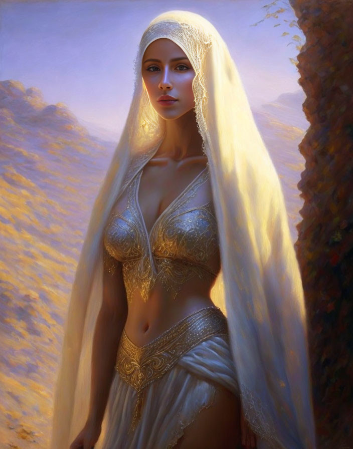 Fantasy illustration of woman with long white hair and veil in golden and white garments