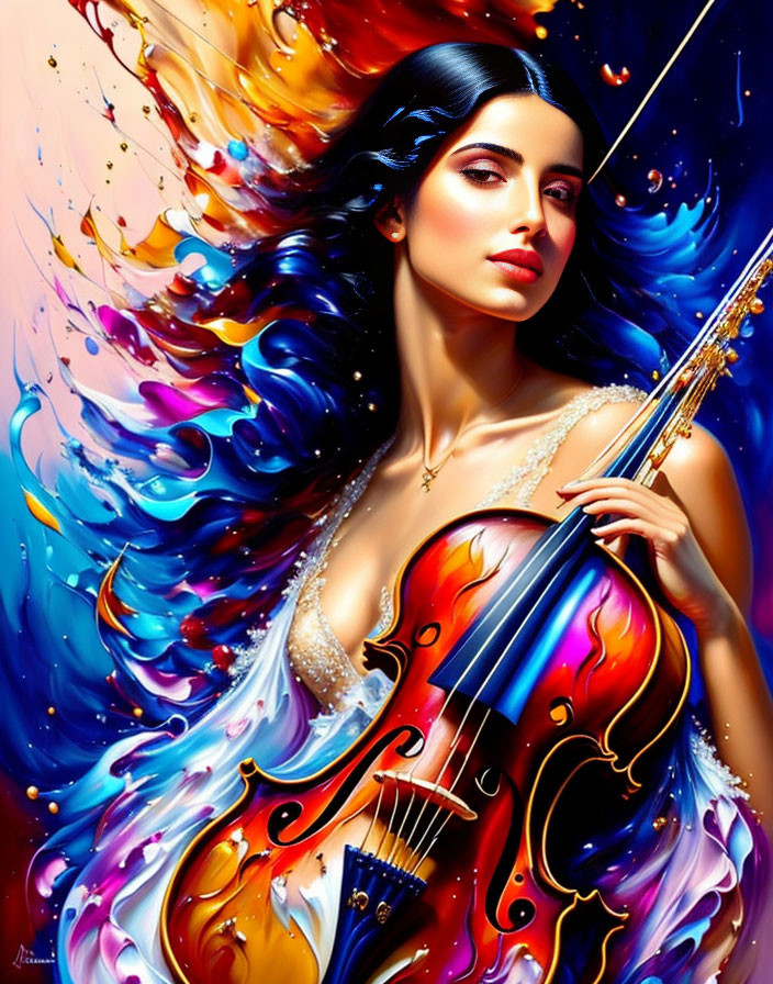 Dark-haired woman with colorful violin against vibrant abstract backdrop