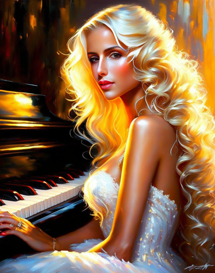 Blonde woman in white dress by piano in warm light