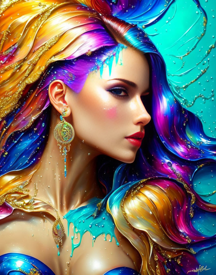 Vibrant digital artwork: woman with multicolored hair, gold jewelry, blue background