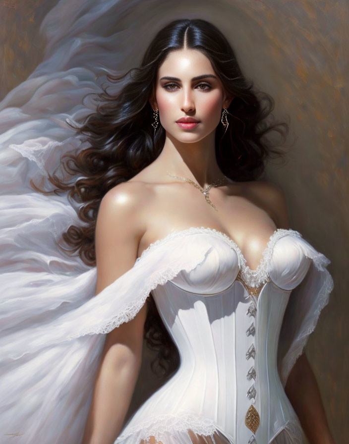 Portrait of a Woman in Dark Hair, Strapless Corset, White Shawl, and Jewelry