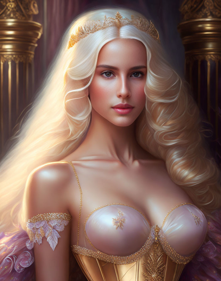 Regal woman digital artwork with golden hair and crown