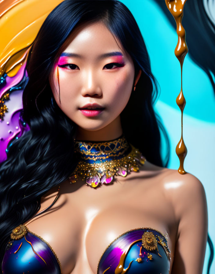 Colorful makeup and gold jewelry on a woman with flowing hair against a vibrant backdrop.