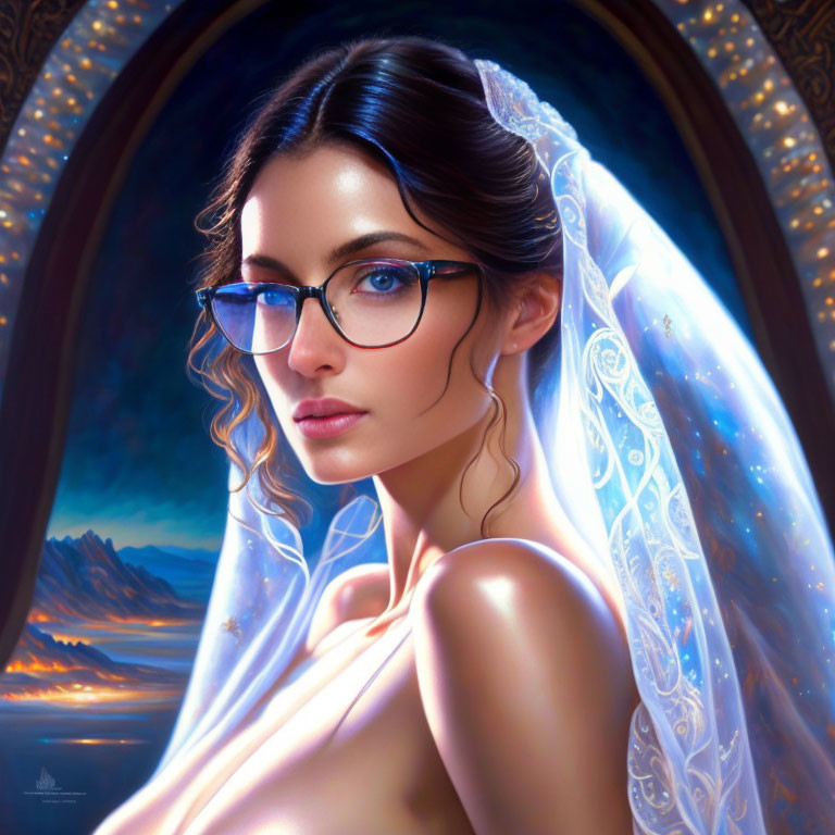 Woman in Blue Glasses and Veil Portrait with Mountain Background in Oval Frame