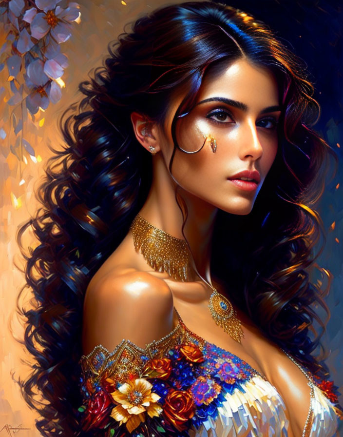 Digital Artwork: Woman with Dark Curly Hair, Striking Eyes, Golden Jewelry, Colorful