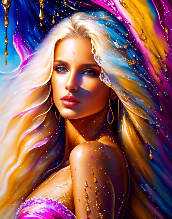 Vibrant cosmic colors woman with flowing hair and glistening droplets