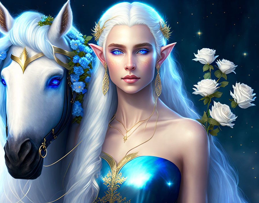 Fantasy elf with white hair and white horse in floral headpiece