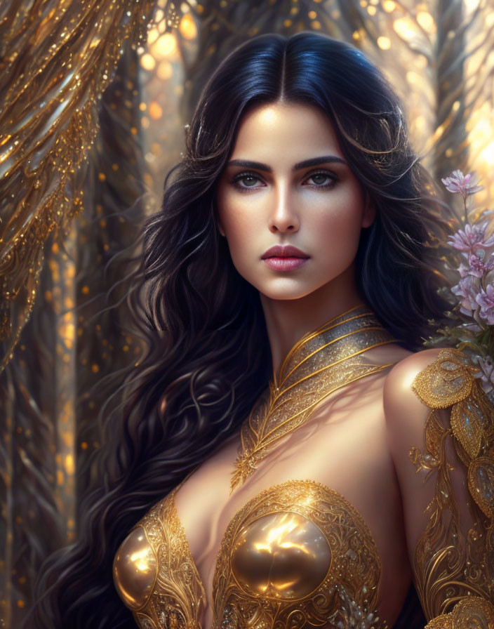 Woman with long wavy hair and blue eyes in golden floral shoulder armor.